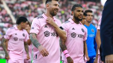 FORT LAUDERDALE, FLORIDA - AUGUST 30: Lionel Messi #10 and DeAndre Yedlin #2 of Inter Miami CF react prior to a match between Nashville SC and Inter Miami CF at DRV PNK Stadium on August 30, 2023 in Fort Lauderdale, Florida. (Photo by Megan Briggs/Getty Images)