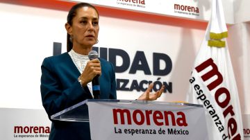 Former Head of Government of Mexico City and presidential candidate for the Morena party, Claudia Sheinbaum, speaks during a press conference in Mexico City on September 7, 2023. Two women will compete for the Mexican presidency for the first time next year after the ruling party on Wednesday named former Mexico City mayor Claudia Sheinbaum as its candidate. Sheinbaum, a 61-year-old scientist by training, will face Xochitl Galvez, an outspoken businesswoman and senator with Indigenous roots selected to represent an opposition coalition, the Broad Front for Mexico. (Photo by Claudio CRUZ / AFP) (Photo by CLAUDIO CRUZ/AFP via Getty Images)