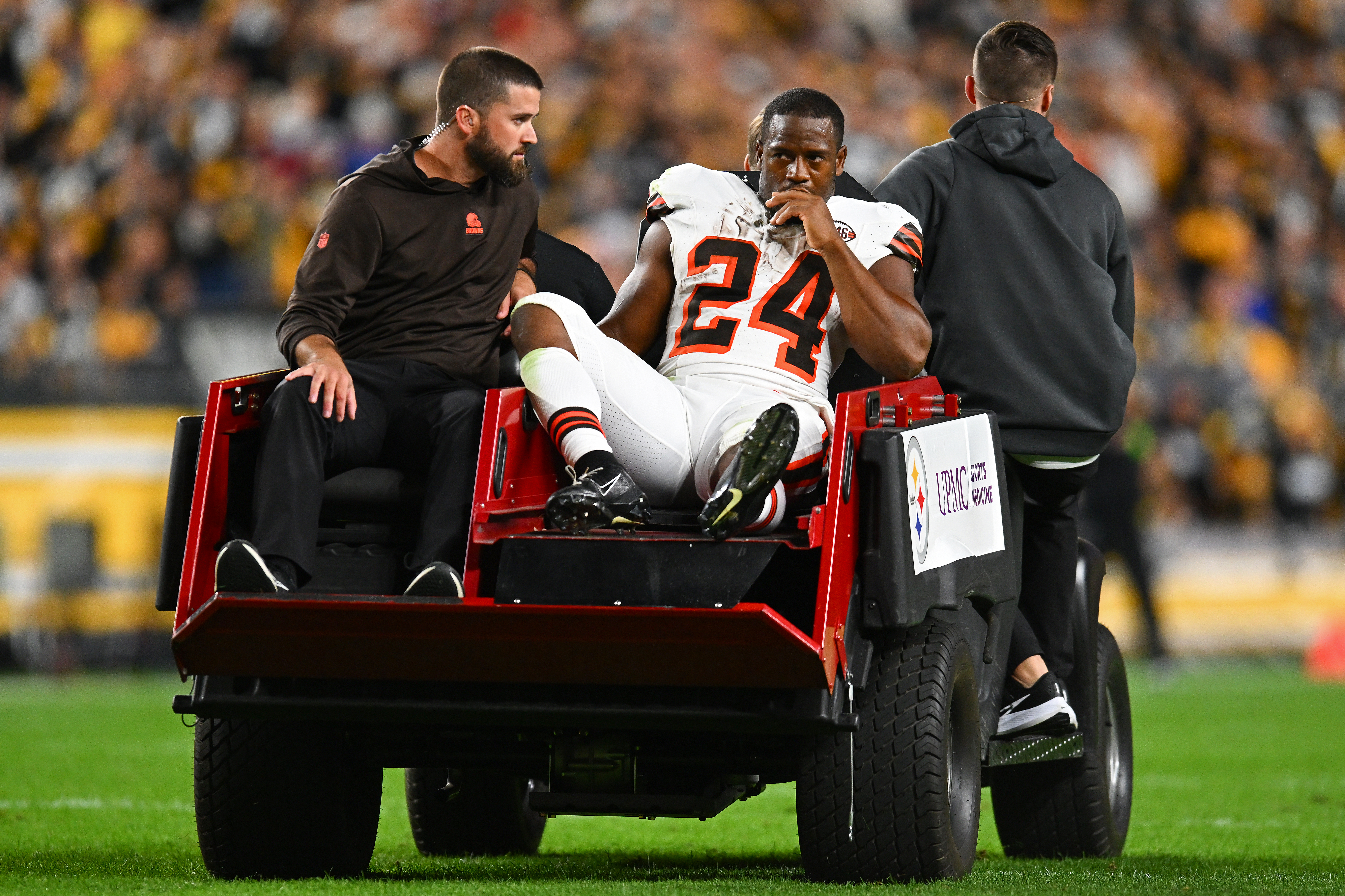 Nick Chubb of the Cleveland Browns is carted off the field after suffering a knee injury during the second quarter against the Pittsburgh Steelers.  Photo: Joe Sargent/Getty Images. 