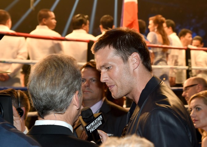 LAS VEGAS, NV - MAY 02: New England Patriots quarterback Tom Brady speaks ringside at "Mayweather VS Pacquiao" presented by SHOWTIME PPV And HBO PPV at MGM Grand Garden Arena on May 2, 2015 in Las Vegas, Nevada. (Photo by Ethan Miller/Getty Images for SHOWTIME)