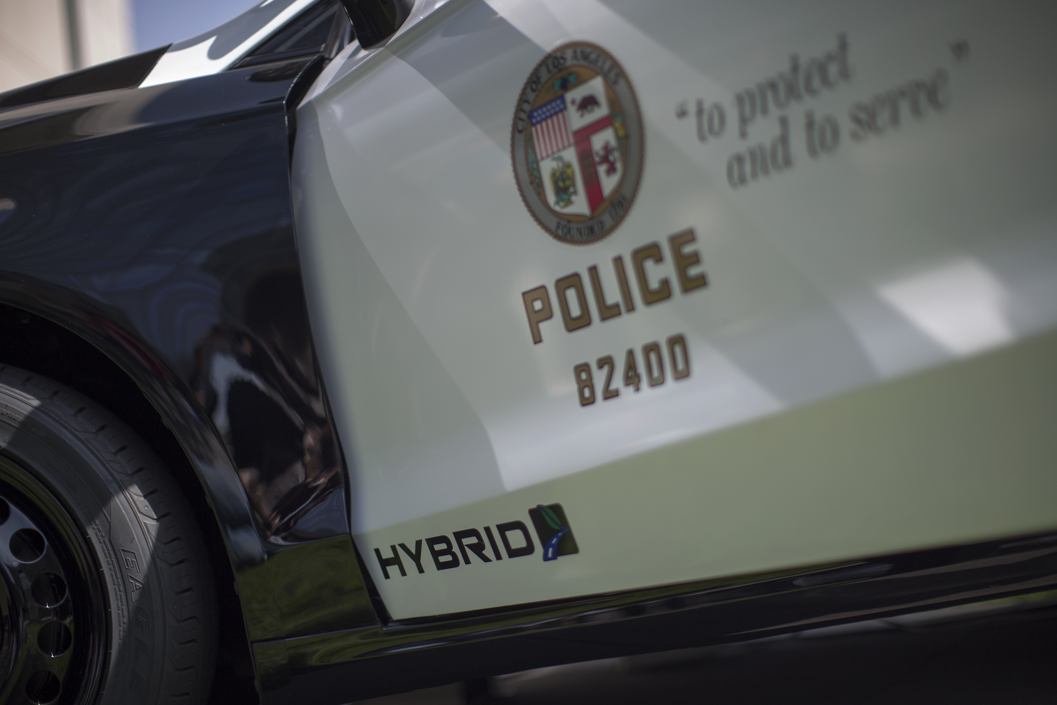 LOS ANGELES, CA – APRIL 10: Hybrid police car at the presentation of two new Ford Fusion hybrid pursuit vehicles at Los Angeles Police Department Headquarters on April 10, 2017 in Los Angeles, California.  The Los Angeles Police Department intends to purchase at least 300 hybrid and hybrid-electric vehicles by 2020.  (Photo by David McNew/Getty Images)