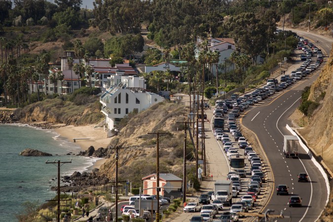 MALIBU, CA - NOVEMBER 09: Traffic jams the southbound lanes of Pacific Coast Highway as all of the city of Malibu is evacuated to flee advancing flames during the Woolsey Fire on November 9, 2018 in Malibu, California. About 75,000 homes have been evacuated in Los Angeles and Ventura counties due to two fires in the region. (Photo by David McNew/Getty Images)