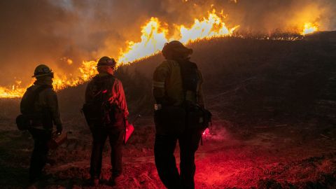 CHINO HILLS, CA - OCTOBER 27: Firefighters set a backfire to protect homes and try to contain the Blue Ridge Fire on October 27, 2020 in Chino Hills, California. Strong Santa Ana Winds gusting to more than 90 miles per hour have driven the Blue Ridge Fire and Silverado Fire across thousands of acres, grounding firefighting aircraft, forcing tens of thousands of people to flee and gravely injuring two firefighters. More than 8,200 wildfires have burned across a record 4 million-plus acres so far this year, more than double the previous record. (Photo by David McNew/Getty Images)