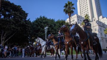 LOS ANGELES, CA - JANUARY 20: Police Officers in a horse patrol line up in front of Protestors during a demonstration in front of the Los Angeles City Hall on January 20, 2021 in Los Angeles, California. During today's inauguration ceremony, Joe Biden becomes the 46th president of the United States. (Photo by Apu Gomes/Getty Images)
