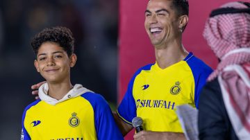 Cristiano Ronaldo y su hijo en la presentación del portugués con el Al Nassr.