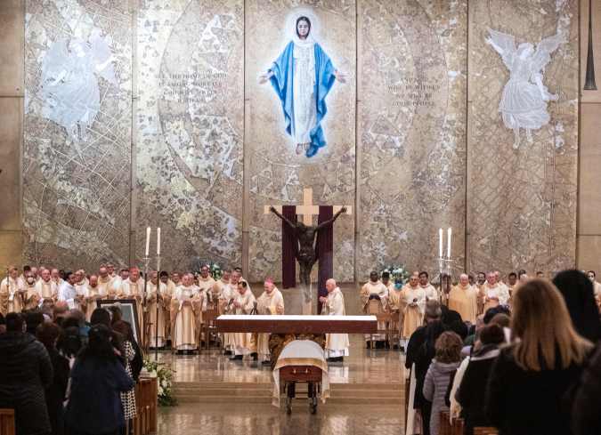 View of the vigil Mass for Catholic Auxiliary Bishop David Gerard O'Connell at the Cathedral of Our Lady of the Angels on March 2, 2023, in Los Angeles. - Los Angeles Catholic Auxiliary Bishop David O'Connell, was gunned down on February 18, 2023, at his home in Hacienda Heights. (Photo by Francine Orr / POOL / AFP) (Photo by FRANCINE ORR/POOL/AFP via Getty Images)