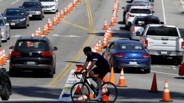 LOS ANGELES, CALIFORNIA - JULY 08: A man bicycles past motorists entering and departing the COVID-19 testing center at Dodger Stadium amid the coronavirus pandemic on July 08, 2020 in Los Angeles, California. California posted a record 9,500 new coronavirus cases today, the most in one day in the state since the beginning of the pandemic. (Photo by Mario Tama/Getty Images)