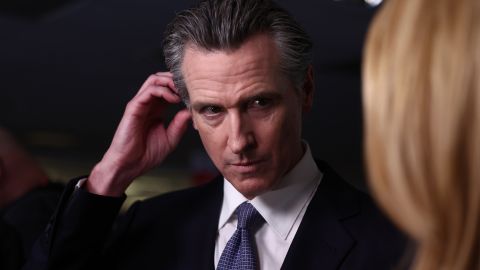 SIMI VALLEY, CALIFORNIA - SEPTEMBER 27: California Gov. Gavin Newsom talks to reporters in the spin room following the FOX Business Republican Primary Debate at the Ronald Reagan Presidential Library on September 27, 2023 in Simi Valley, California. Seven presidential hopefuls squared off in the second Republican primary debate as former U.S. President Donald Trump, currently facing indictments in four locations, declined again to participate. (Photo by Mario Tama/Getty Images)