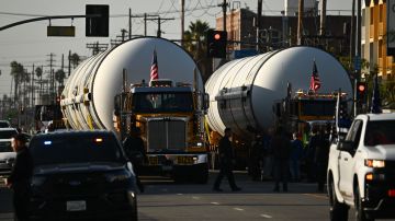 The Space Shuttle Solid Rocket Motors (SRM) are transported down Figueroa Street to the California Science Center to complete the Solid Rocket Booster and be stacked in a vertical display with NASA's Space Shuttle Endeavour and external fuel tank in Los Angeles, California on October 11, 2023. The California Science Center announced the "Go for Stack," six-month process of moving and lifting each of the space shuttle components into place for vertical display at the center. (Photo by Patrick T. Fallon / AFP) (Photo by PATRICK T. FALLON/AFP via Getty Images)