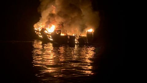 SANTA CRUZ ISLAND, CA - SEPTEMBER 2: In this handout provided by Santa Barbara County Fire Department, the 75-foot Conception, based in Santa Barbara Harbor, burns after catching fire early September 2, 2019 anchored off Santa Cruz Island, California. Thirty-four are missing, while five crew members were rescued, according to published reports. (Photo by Santa Barbara County Fire Department via Getty Images)