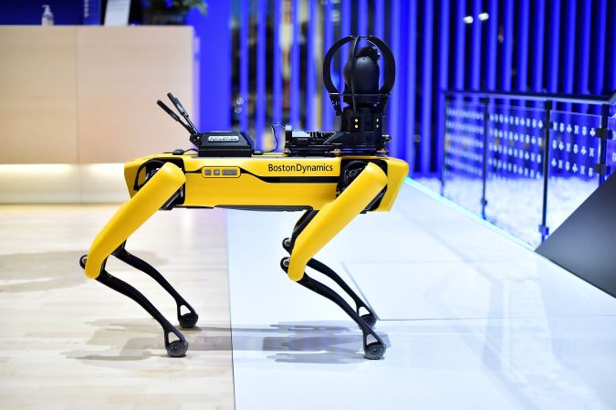 This photograph shows Boston Dynamics' SPOT robot dog on the opening day of the MWC (Mobile World Congress) in Barcelona on February 28, 2022. - The world's biggest mobile fair is held from February 28 to March 3, 2022. (Photo by Pau BARRENA / AFP) (Photo by PAU BARRENA/AFP via Getty Images)