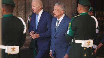 MEXICO CITY, MEXICO - JANUARY 10: U.S. President Joe Biden and President of Mexico Andres Manuel Lopez Obrador arrive the welcome ceremony as part of the '2023 North American Leaders' Summit at Palacio Nacional on January 09, 2023 in Mexico City, Mexico. President Lopez Obrador, USA President Joe Biden and Canadian Prime Minister Justin Trudeau gather in Mexico from January 9 to 11 as part of the 10th North American Leaders' Summit. The agenda includes topics on the climate change, immigration, trade and economic integration, security among others. (Photo by Hector Vivas/Getty Images)