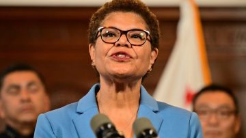Los Angeles Mayor Karen Bass speaks during a press conference to announce new efforts to curb recent retail thefts at City Hall in Los Angeles, California, on August 17, 2023. (Photo by Frederic J. Brown / AFP) (Photo by FREDERIC J. BROWN/AFP via Getty Images)