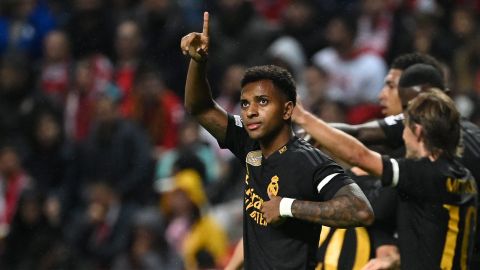 Rodrygo celebra su gol más reciente contra el Braga en la Champions League.