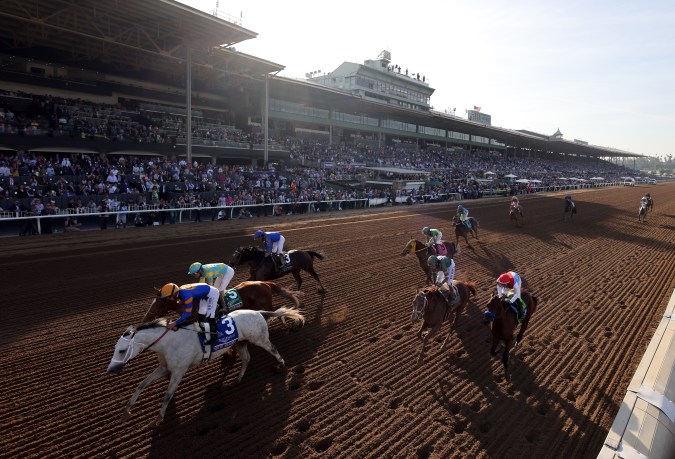 ARCADIA, CALIFORNIA - NOVEMBER 04: Jockey Irad Ortiz Jr.  rides White Abarrio to victory during the Breeders' Cup Classic (Grade 1) at Santa Anita Park on November 04, 2023 in Arcadia, California. (Photo by Harry How/Getty Images)