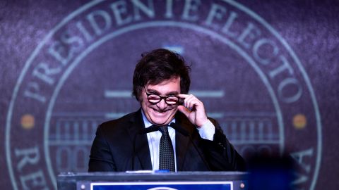 BUENOS AIRES, ARGENTINA - NOVEMBER 19: Newly elected President of Argentina Javier Milei of La Libertad Avanza speaks after the polls closed in the presidential runoff on November 19, 2023 in Buenos Aires, Argentina. According to official results, Javier Milei of La Libertad Avanza reached 55,69% of the votes and Sergio Massa of Union Por La Patria 44,30%, with 99,25 of the votes counted. The presidential election runoff to succeed Alberto Fernandez comes as Argentinians have been hard hit by an annual 142,7% inflation. (Photo by Tomas Cuesta/Getty Images)