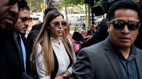 NEW YORK, NY - JULY 17: Emma Coronel Aispuro, wife of Joaquin "El Chapo" Guzman, is surrounded by security as she arrives at federal court on July 17, 2019 in New York City. El Chapo was found guilty on all charges in a drug conspiracy trial and will be sentenced this morning. (Photo by Drew Angerer/Getty Images)