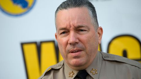 Sheriff Alex Villanueva of the Los Angeles Sheriff's Department (LASD) speaks about a task force targeting wage theft outside of the Hall of Justice on February 9, 2021 in Los Angeles, California. (Photo by Patrick T. FALLON / AFP) (Photo by PATRICK T. FALLON/AFP via Getty Images)