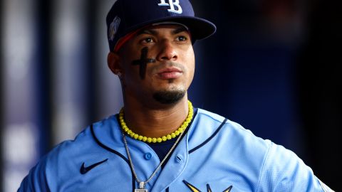 ST PETERSBURG, FLORIDA - APRIL 08: Wander Franco #5 of the Tampa Bay Rays looks on from the dugout during the third inning against the Oakland Athletics at Tropicana Field on April 08, 2023 in St Petersburg, Florida. (Photo by Kevin Sabitus/Getty Images)