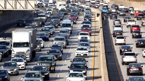 LOS ANGELES, CALIFORNIA - NOVEMBER 23: Heavy traffic moves along the 101 freeway on Wednesday morning on November 23, 2022 in Los Angeles, California. The American Automobile Association (AAA) predicts nearly 55 million Americans will travel 50 miles or more for the Thanksgiving holiday weekend, 98 percent of pre-pandemic volumes. AAA also projects that nearly 49 million are expected to travel by vehicle this week, while around 4.5 million will fly to their Thanksgiving destinations. (Photo by Mario Tama/Getty Images)