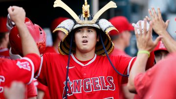 DETROIT, MI - JULY 27: Shohei Ohtani #17 of the Los Angeles Angels celebrates with teammates after hitting a home run during the fourth inning of game two of a doubleheader at Comerica Park on July 27, 2023 in Detroit, Michigan. (Photo by Duane Burleson/Getty Images)