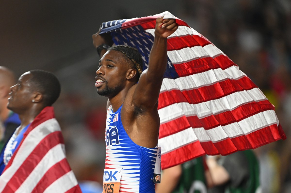 BUDAPEST, HUNGARY - AUGUST 26: Noah Lyles of Team United States celebrates after winning the Men's 4x100m Relay Final during day eight of the World Athletics Championships Budapest 2023 at National Athletics Centre on August 26, 2023 in Budapest, Hungary. (Photo by Hannah Peters/Getty Images)