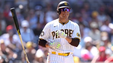 SAN DIEGO, CALIFORNIA - SEPTEMBER 06: Juan Soto #22 of the San Diego Padres reacts to a walk during the fourth inning of a game against the Philadelphia Phillies at PETCO Park on September 06, 2023 in San Diego, California. (Photo by Sean M. Haffey/Getty Images)