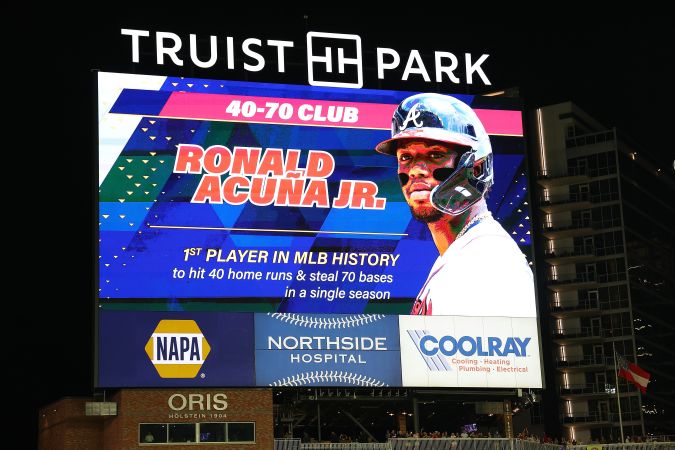 ATLANTA, GEORGIA - SEPTEMBER 27: A view of the scoreboard after Ronald Acuna Jr. #13 of the Atlanta Braves stole second baseagainst Dansby Swanson #7 of the Chicago Cubs in the 10th inning at Truist Park on September 27, 2023 in Atlanta, Georgia. It was Acuna Jr.'s second steal of the night and his 70th steal of the season to make him the first player in MLB history to hit 40 home runs and steal 70 bases in a single season. (Photo by Kevin C. Cox/Getty Images)