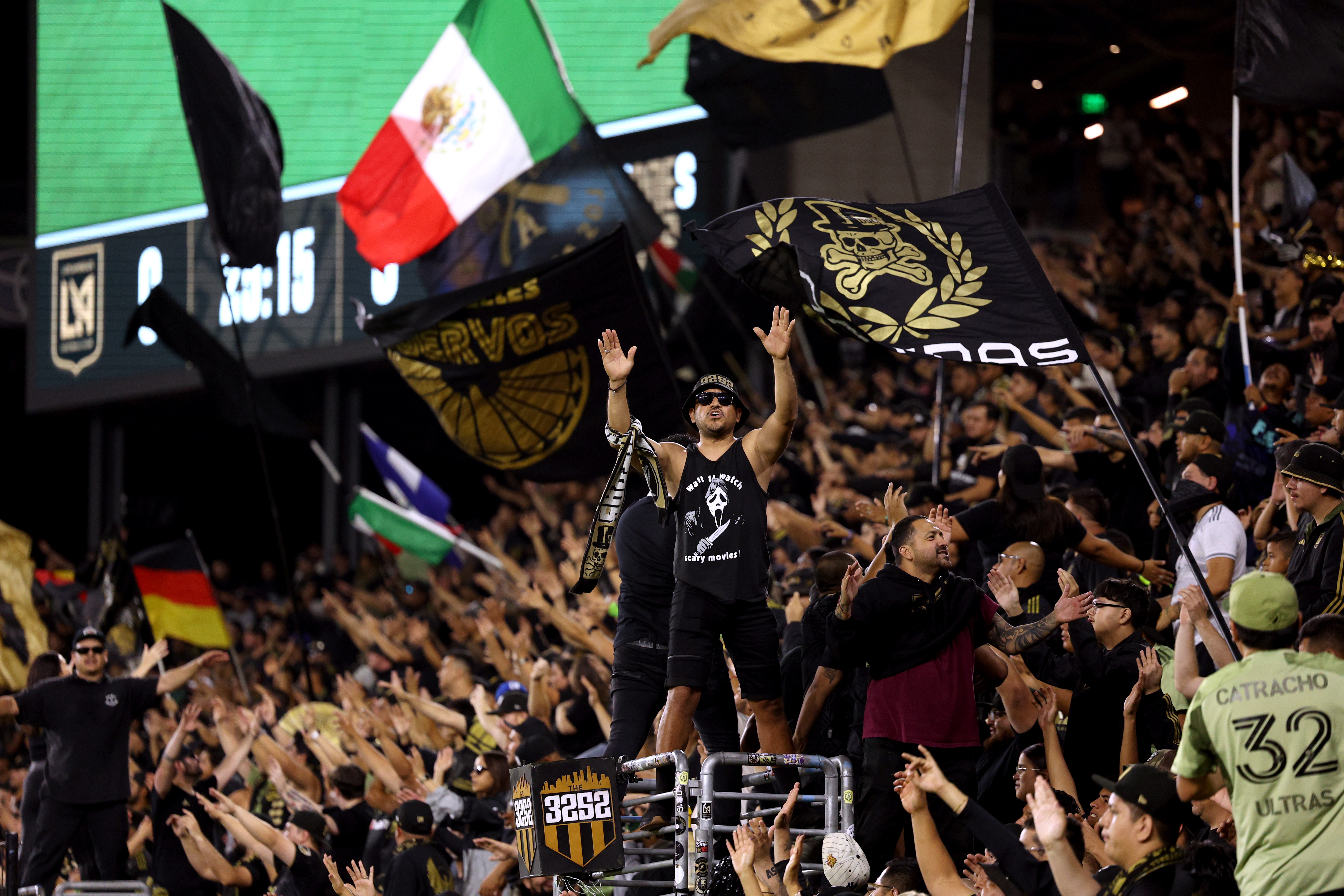 LOS ANGELES, CALIFORNIA - SEPTEMBER 27: Los Angeles FC and UANL Tigres waved by fans during the first half at BMO Stadium on September 27, 2023 in Los Angeles, California. (Photo by Harry How/Getty Images)