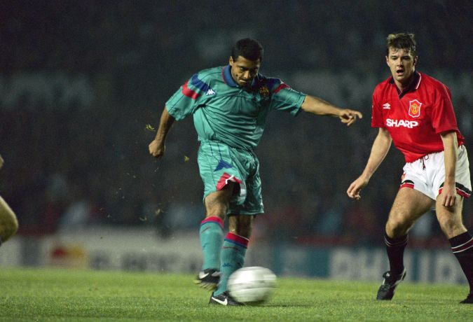 Brazilian striker Romario de Souza Faria, known as Romario, playing for Spanish club FC Barcelona in a Champions League group stage match against Manchester United at Old Trafford, October 1994. (Photo by Chris Cole/Getty Images)