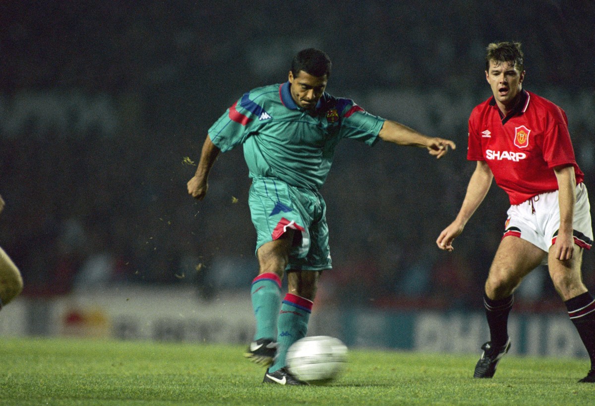 Brazilian striker Romario de Souza Faria, known as Romario, playing for Spanish club FC Barcelona in a Champions League group stage match against Manchester United at Old Trafford, October 1994. (Photo by Chris Cole/Getty Images)