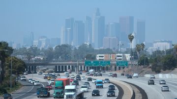 Highrise buildings in downtown Los Angeles, California are seen on on a hazy morning on September 21, 2018. - Eighty-seven days of smog this summer has made it the longest stretch of bad air in at least 20 years, according to state monitoring data, the latest sign Southern California's efforts to battle smog after decades of dramatic improvement are faltering. (Photo by Frederic J. BROWN / AFP) (Photo credit should read FREDERIC J. BROWN/AFP via Getty Images)