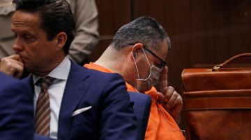 Naason Joaquin Garcia (R), the former leader of the fundamentalist Guadalajara, Mexico-based church La Luz del Mundo, listens to victim statements during his sentencing in Los Angeles County Superior Court on June 8, 2022. At left is defense attorney Alan Jackson. - Garcia, who pleaded guilty to sexually assaulting three young girls, was sentenced in Los Angeles on June 8 to nearly 17 years in prison. But the ruling, following a plea deal Garcia struck with prosecutors last week, was met with anger by victims, who at an emotional hearing called for their abuser to face trial and the maximum possible sentence. (Photo by Carolyn Cole / POOL / AFP) (Photo by CAROLYN COLE/POOL/AFP via Getty Images)