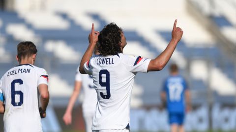 USA's Cade Dylan Cowell celebrates after scoring a goal during the Argentina 2023 U20 World Cup group B football match between Slovakia and the USA at San Juan del Bicentenario stadium in San Juan, Argentina, on May 26, 2023. (Photo by Andres Larrovere / AFP) (Photo by ANDRES LARROVERE/AFP via Getty Images)