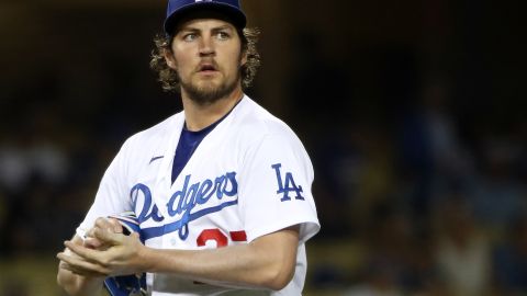 LOS ANGELES, CALIFORNIA - JUNE 12: Trevor Bauer #27 of the Los Angeles Dodgers looks on after giving up a hit to Joey Gallo #13 of the Texas Rangers during the fifth inning at Dodger Stadium on June 12, 2021 in Los Angeles, California. (Photo by Katelyn Mulcahy/Getty Images)