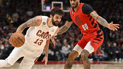PORTLAND, OREGON - JANUARY 12: Ricky Rubio #13 of the Cleveland Cavaliers drives against Gary Payton II #00 of the Portland Trail Blazers during the third quarter at the Moda Center on January 12, 2023 in Portland, Oregon. The Cleveland Cavaliers won 119-113. NOTE TO USER: User expressly acknowledges and agrees that, by downloading and or using this photograph, User is consenting to the terms and conditions of the Getty Images License Agreement. (Photo by Alika Jenner/Getty Images)