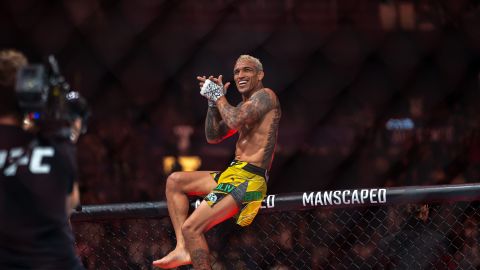 VANCOUVER, CANADA - JUNE 10: Charles Oliveira celebrates his victory over Beneil Dariush during the UFC 289 event at Rogers Arena on June 10, 2023 in Vancouver, Canada. (Photo by Jordan Jones/Getty Images)