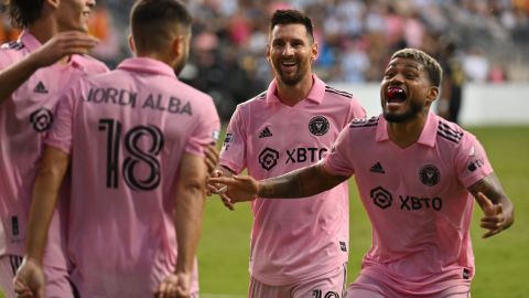 Inter Miami's Argentine forward #10 Lionel Messi with Venezuelan forward #17 Josef Martinez celebrate Spanish defender #18 Jordi Alba's goal during the CONCACAF Leagues Cup semifinal football match between Inter Miami and Philadelphia at Subaru Park Stadium in Chester, Pennsylvania, on August 15, 2023. (Photo by ANGELA WEISS / AFP) (Photo by ANGELA WEISS/AFP via Getty Images)