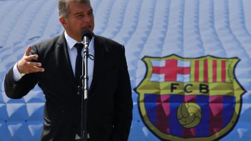 FC Barcelona's President Joan Laporta gives a speech at a ceremony to place a time capsule, a symbolic act to mark the beginning of the construction of a second Barcelona Academy in Kyrgyzstan and the first two in Central Asia, in the capital Bishkek on August 30, 2023. (Photo by VYACHESLAV OSELEDKO / AFP) (Photo by VYACHESLAV OSELEDKO/AFP via Getty Images)
