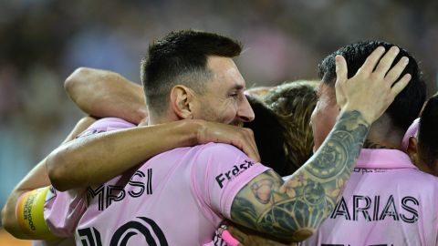 Inter Miami's Argentine forward #10 Lionel Messi celebrates Inter Miami's Argentine midfielder #11 Facundo Farias' goal during the Major League Soccer (MLS) football match between Inter Miami CF and Los Angeles FC at BMO Stadium in Los Angeles, California, on September 3, 2023. (Photo by Frederic J. Brown / AFP) (Photo by FREDERIC J. BROWN/AFP via Getty Images)