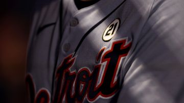 ANAHEIM, CALIFORNIA - SEPTEMBER 15: A detailed view of the 21 patch on a jersey honoring Roberto Clemente Day during the game between the Los Angeles Angels and the Detroit Tigers at Angel Stadium of Anaheim on September 15, 2023 in Anaheim, California. (Photo by Katelyn Mulcahy/Getty Images)