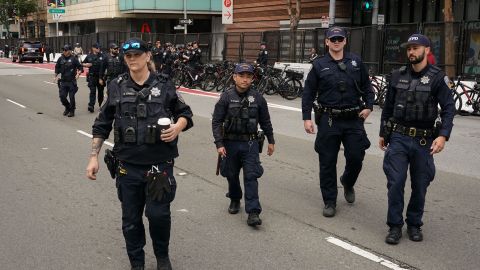 Police officers patrol ahead of the arrival of China's President Xi Jinping next to Asia-Pacific Economic Cooperation (APEC) summit headquarters November 14, 2023 in San Francisco, California. The APEC Summit takes place through November 17. (Photo by Loren Elliott / AFP) (Photo by LOREN ELLIOTT/AFP via Getty Images)