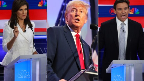 Los republicanos Nikki Haley, Donald Trump y Ron DeSantis.