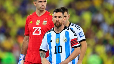 RIO DE JANEIRO, BRAZIL - NOVEMBER 21: Lionel Messi of Argentina reacts prior to a FIFA World Cup 2026 Qualifier match between Brazil and Argentina at Maracana Stadium on November 21, 2023 in Rio de Janeiro, Brazil. The match was delayed due to incidents in the stands. (Photo by Buda Mendes/Getty Images)