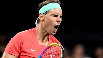 BRISBANE, AUSTRALIA - JANUARY 02: Rafael Nadal of Spain celebrates after winning a point in his match against Dominic Thiem of Austria during day two of the 2024 Brisbane International at Queensland Tennis Centre on January 02, 2024 in Brisbane, Australia. (Photo by Bradley Kanaris/Getty Images)
