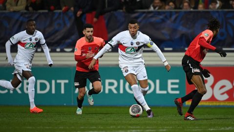Paris Saint-Germain's French forward #07 Kylian Mbappe (2ndR) runs with the ball during the French Cup football match between US Revel and Paris Saint-Germain at the Pierre-Fabre stadium in Castres, southern France, on January 7, 2024. (Photo by Valentine CHAPUIS / AFP) (Photo by VALENTINE CHAPUIS/AFP via Getty Images)