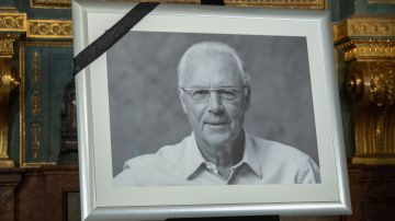A black and white picture of German football legend Franz Beckenbauer is on display at the Hofkapelle in Munich, southern Germany, where a book of condolences is open to the public on January 10, 2024. German football legend Franz Beckenbauer, world champion as a player in 1974 and as coach in 1990, died on January 8, 2024 at the age of 78, the German Federation (DFB) announced on January 8, 2024. (Photo by LUKAS BARTH-TUTTAS / AFP) (Photo by LUKAS BARTH-TUTTAS/AFP via Getty Images)