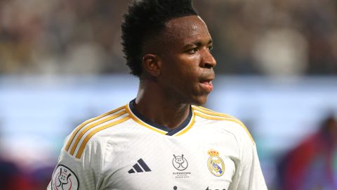 Real Madrid's Brazilian forward #07 Vinicius Junior looks on during the Spanish Super Cup final football match between Real Madrid and Barcelona at the Al-Awwal Park Stadium in Riyadh, on January 14, 2024. (Photo by Fayez NURELDINE / AFP) (Photo by FAYEZ NURELDINE/AFP via Getty Images)