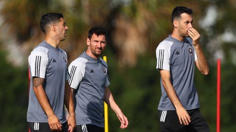 Luis Suárez, Lionel Messi y Sergio Busquets en un entrenamiento del Inter Miami.