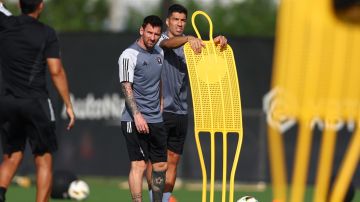 FORT LAUDERDALE, FLORIDA - JANUARY 13: Lionel Messi #10 and Luis Suarez #9 of Inter Miami CF look on during an Inter Miami CF Training Session at Florida Blue Training Center on January 13, 2024 in Fort Lauderdale, Florida. (Photo by Megan Briggs/Getty Images)